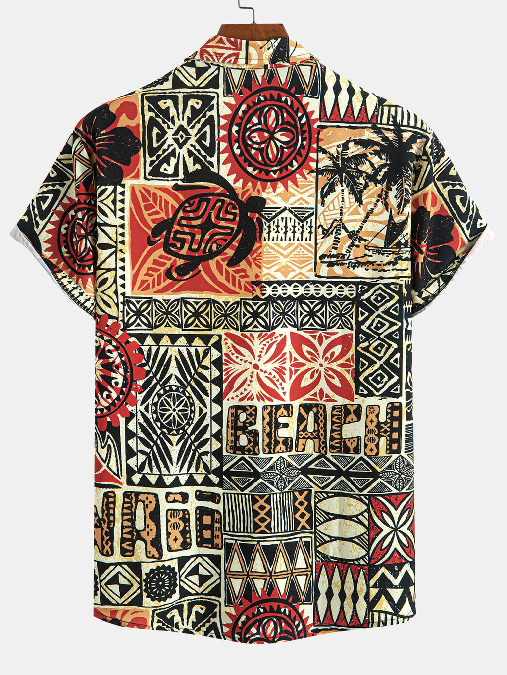 Palm Tree Turtle Ethnic Geometry Print Button Up Shirt & Swim Shorts
