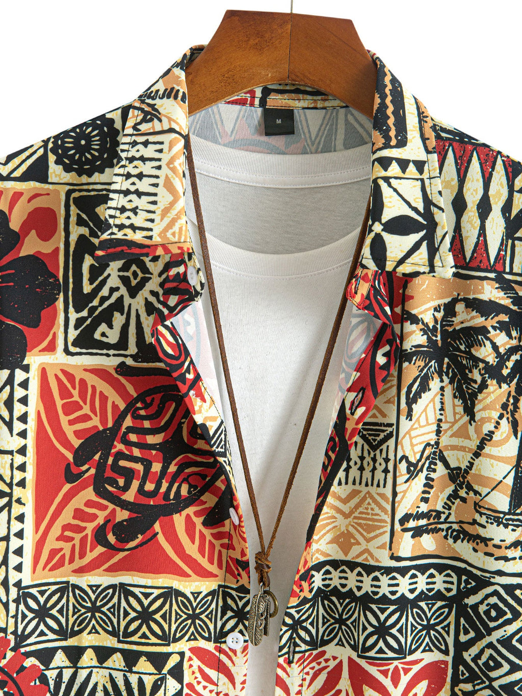 Palm Tree Turtle Ethnic Geometry Print Button Up Shirt & Swim Shorts