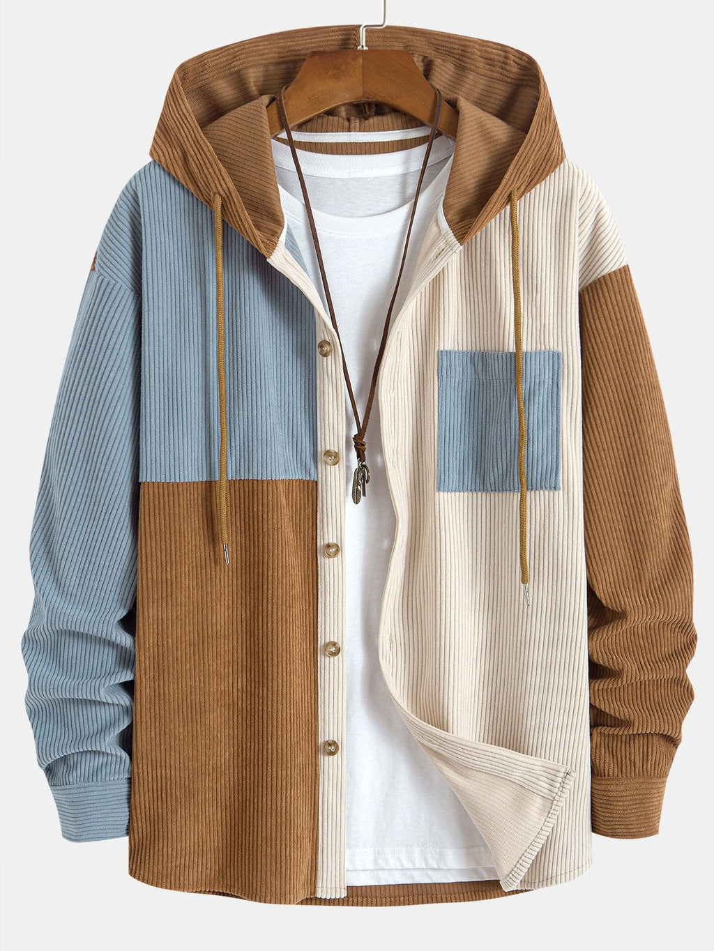 Relax Fit Colorblock Corduroy Hooded Shirt